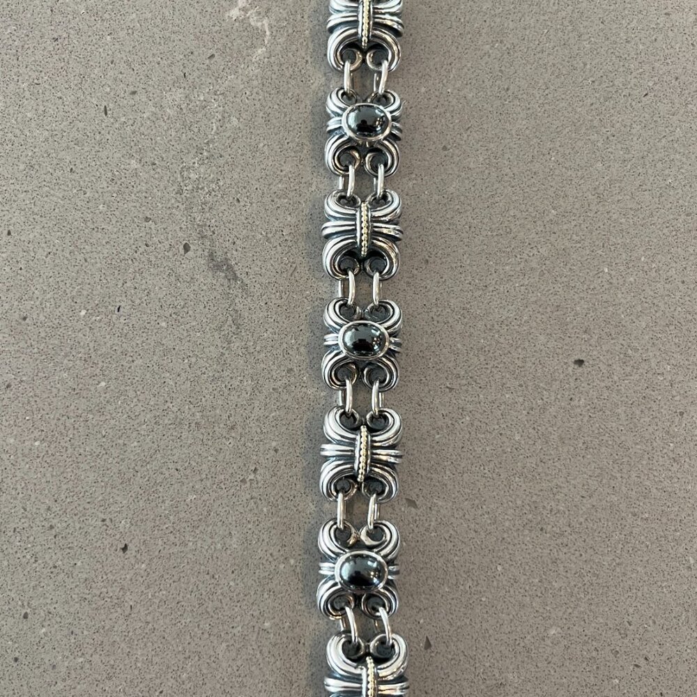 LAGOS STERLING SILVER & 18K YELLOW GOLD HEMATITE FLEUR DE LIS LINK BRACELET - Picture 8 of 10